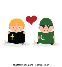 Symbol for religious solidarity and coherence between Christianity and Islam , kids reading holy books. vector illustration characters.