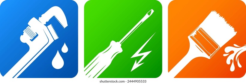 Symbol for repair and service. Design repair tool. Screwdriver brush painter and wrench