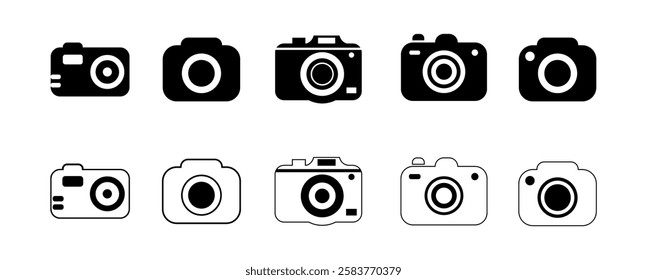 A symbol representing photography or video recording, often depicted as a camera outline or lens. Used in apps for capturing images, video calls, or accessing the camera.