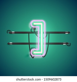 Symbol for a right bracket. Realistic glowing double neon character from a font set, vector illustration.