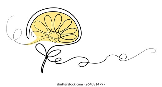 Symbol of the rising sun. Vector isolated drawing with one line with yellow spot. Stylized rays of the sun as cut lemon on a stem with leaves. Design for travel agency, travel, hotel, spa