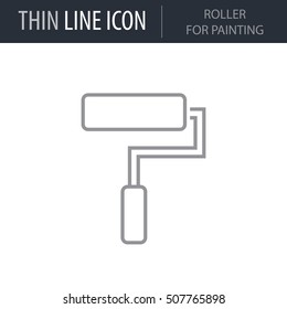 Symbol of Roller for Painting Thin line Icon of Construction. Stroke Pictogram Graphic for Web Design. Quality Outline Vector Symbol Concept. Premium Mono Linear Beautiful Plain Laconic Logo