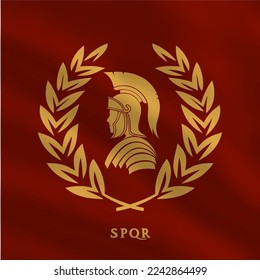 Symbol of a roman warrior on a red flag in gold