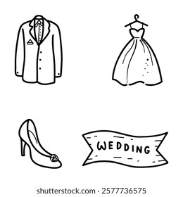 symbol romantic wedding logo design with suit, dress and high heels

