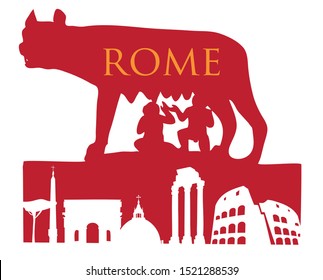 The Symbol Of Rome, Capitoline Wolf with roman monument 