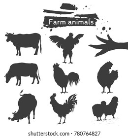 Symbol roosters, hen, chicken and cows. Set of farm animals. Silhouette. Hand drawing birds family and cattle. Rooster fighter, modest brood, small chick, chicken feet, cows and ribbon for your design