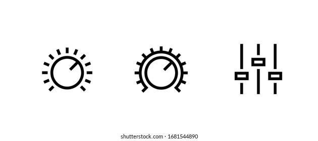 Botones redondos de símbolo, líneas verticales, panel de control de visualización. Conjunto de iconos de música de los controladores de sonido. Vector de línea editable. Pictograma de grupo.