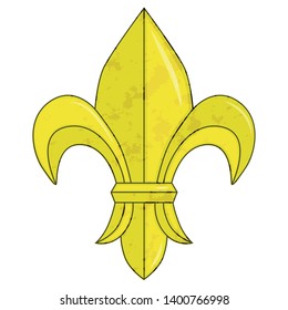 The symbol of the royal lily of gold. The sign of the flower of metal of yellow color on a white background.