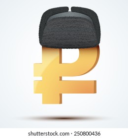 Symbol of the russian ruble in ushanka hat. Vector Illustration.