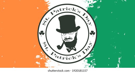 Symbol Saint Patrick's Day on Ireland flag background of grunge texture. Ideal for greeting card for happy St. Patricks Day, poster and web template. Vector illustration