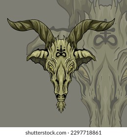 The symbol of Satanism Baphomet goat skull demon goat head hand drawn print or blackwork flash tattoo art design  in engraving technique