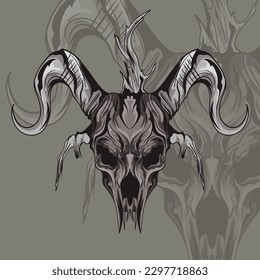 The symbol of Satanism Baphomet goat skull demon goat head hand drawn print or blackwork flash tattoo art design  in engraving technique