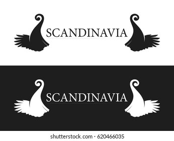 Symbol of Scandinavia - Front of Viking's Drakkar. Travel to Northern Europe. Emblem in black and white color.