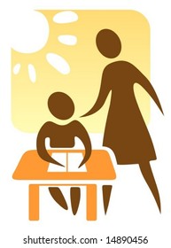 Symbol of school training. Stylized teacher and schoolboy on a background of a window.