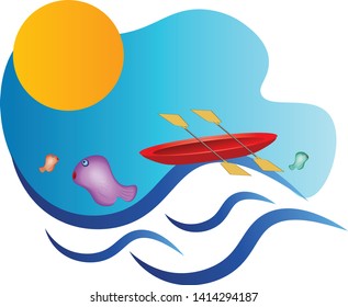 A symbol of sea with kayak and fish jumping