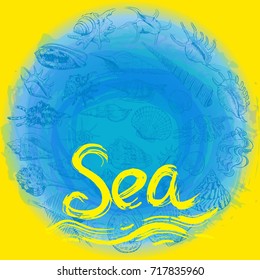 symbol of the sea ocean trendy print Round composition Beige sand. Summer sea shells, molluscs on blue yellow abstract background. Circle wreath card banner design with space for text. Vector