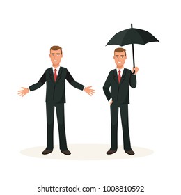 Symbol of security business, business and finance protection. Businessman, office worker in strict suit, cartoon character, joying from financial success, growth, leadership. Vector illustration.