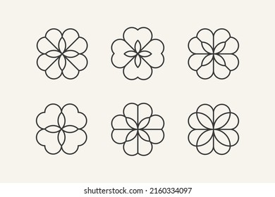 Сlover symbol. Set of 6 geometric emblem. Modern abstract linear compositions and graphic design elements.