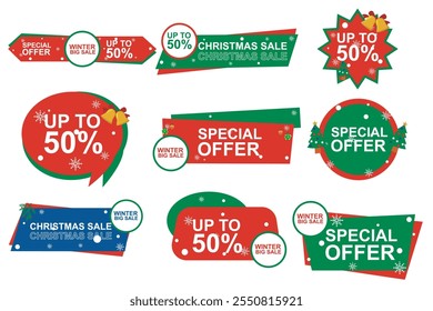 Symbol Set. end year sale and Christmas sale logo with discount text. Vector illustration