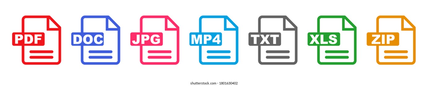Dateiformate mit Symbolsatz, Dateiendungen, verschiedene Symbole einzeln - Vektorgrafik