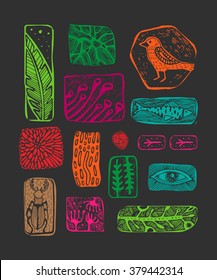 Symbol Set. Plants And Fauna. Color Printmaking
