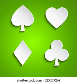 Symbol set of playing cards on green background, simple vector illustration