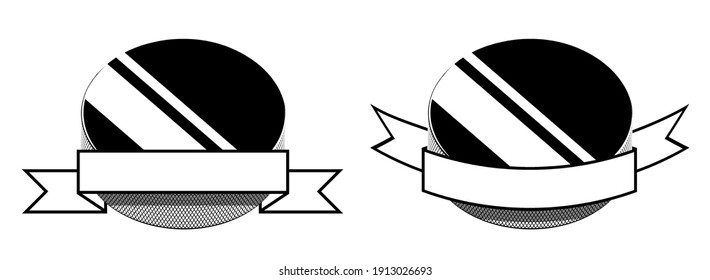 symbol set, sport black rubber puck for ice hockey on white background with ribbon. Hockey competition. Isolated vector