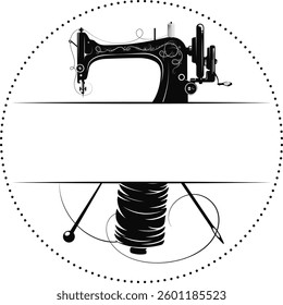 Symbol for sewing in a circle, sewing machine and needle with thread