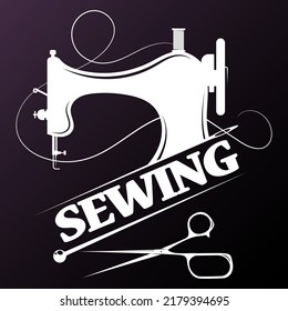 Symbol for sewing and cutting. Hand sewing machine silhouette. Needle scissors and thread sewing design