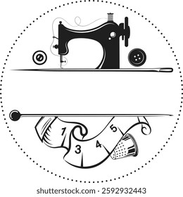 Symbol for sewing salon, sewing machine and needle with thread