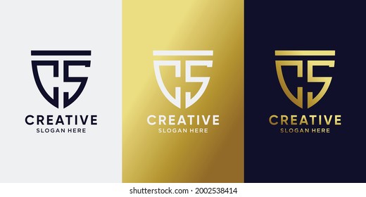 Symbol of shield logo design initial letter CS with line art style and golden style color. Logo icon for business company