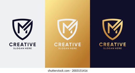 Symbol of shield logo design initial letter M with line art and golden style color. Logo icon for business company and personal
