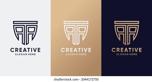 Símbolo de diseño de logotipo de escudo letra inicial AA con estilo de arte de línea y concepto creativo. Plantilla de diseño de logotipos para empresas y personal