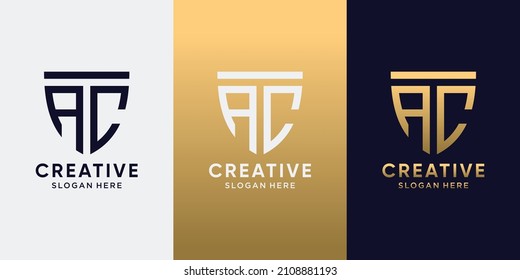 Symbol of shield logo design initial letter AC with line art and modern concept. Logo design template for business company and personal