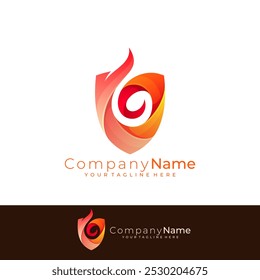 Symbol shield logo and fire design vector, red color