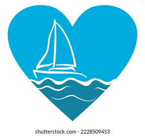 Symbol of ship sailing on the sea inside heart shape