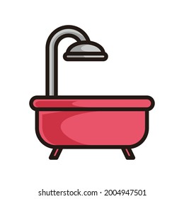 Symbol für eine Dusche und Badewanne, rot in schwarzer Linie und Schattendetails.