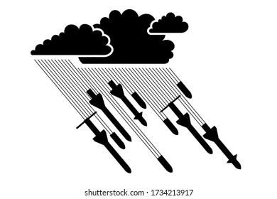 Símbolo, signo, designación de armas, conflicto militar, guerra y enfrentamiento. Desde una nube de truenos, llueve vertiginosamente, cayendo de cohetes, proyectiles de negro sobre un fondo blanco aislado. Vector