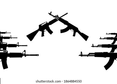 Symbol, sign, designation of armed, military conflict, war and confrontation, civil war. Silhouettes of crossed assault rifles on white isolated background. For editions, publications, news, article
