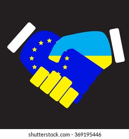 Symbol sign handshake European Union and Ukraine. Flag european and ukraine, eu cooperation with ukraine,  friendship nation. Vector art abstract unusual fashion illustration