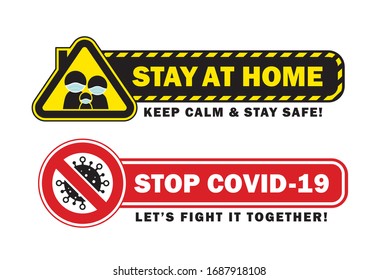 Símbolo o icono de Stop Covid-19 (coronavirus) y quedarse en casa. Diseño de etiquetas de campaña de cuarentena de Coronavirus. La familia de los caricaturistas con mascarillas médicas permanece en el diseño de la casa. 