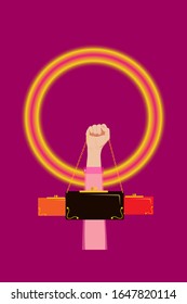 Symbol, sign, logo of Feminism and Girl power - A woman's hand raised up in the form of a clenched fist, in a shirt, holding a chain of a woman’s bag with gold decorative elements by the handle