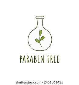 Symbol, sign paraben free. Green sticker flask with leaves. Ecological organic cosmetics without plastic, do not contain chemical preservatives. Vector eps 10, isolated on white background.