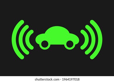 Symbol, Sign And Pictogram Of Autonomous Vehicle - Car, And Auto With Sensors And Electronic Signal Around The Automobile. 