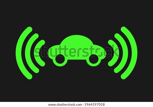 Symbol, sign and pictogram of autonomous vehicle - car,\
and auto with sensors and electronic signal around the automobile.\
