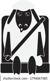 
symbol or sign of a sheep sitting on a seat with a seat belt while driving