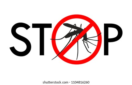 Symbol or sign stop mosquito. Red prohibition sign on black silhouette mosquito and text "stop". Abstract vector illustration.