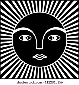 Symbol and sign of the sun. The face of a man in a halo of rays. Character black and white graphics. Vector.
