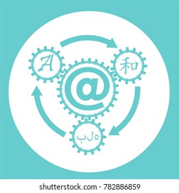 A symbol, sign translator, online translation, in the form of a mechanism of gears, gear boxes, with letters and hieroglyphics, arrows indicating the direction of rotation. Flat style.