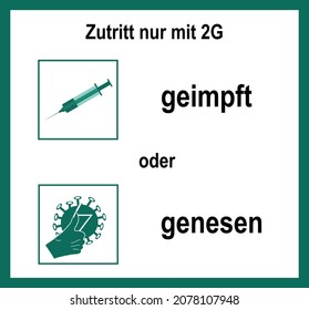 Symbol signs with the 2G rule. Text in German (access only with 2G) and (vaccinated or recovered). vector